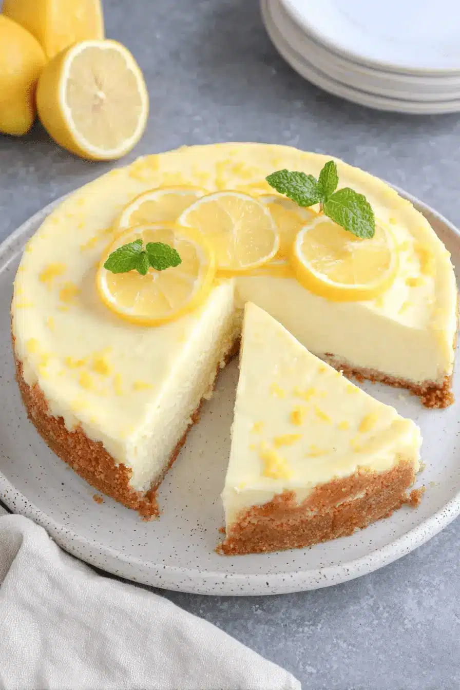 Ultimate Lemony White Chocolate Cheesecake Recipe 2 A creamy lemony white chocolate cheesecake with a golden crust, garnished with fresh lemon slices and mint.