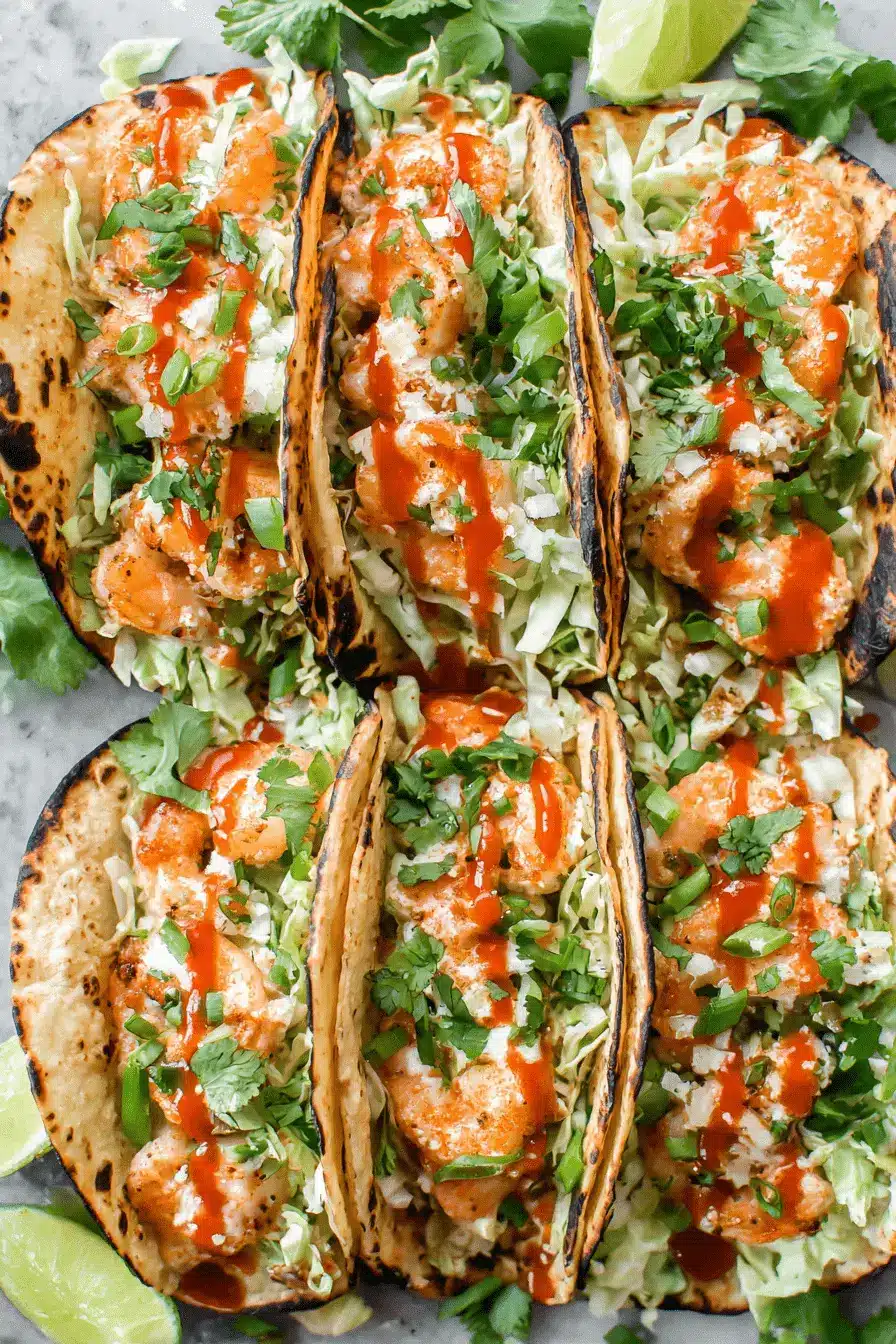 Amazing Bang Bang Shrimp Tacos 2 Six delicious bang bang shrimp tacos, topped with cabbage, seasoned shrimp, creamy sauce, cilantro, and a spicy red drizzle, arranged on a light gray surface.