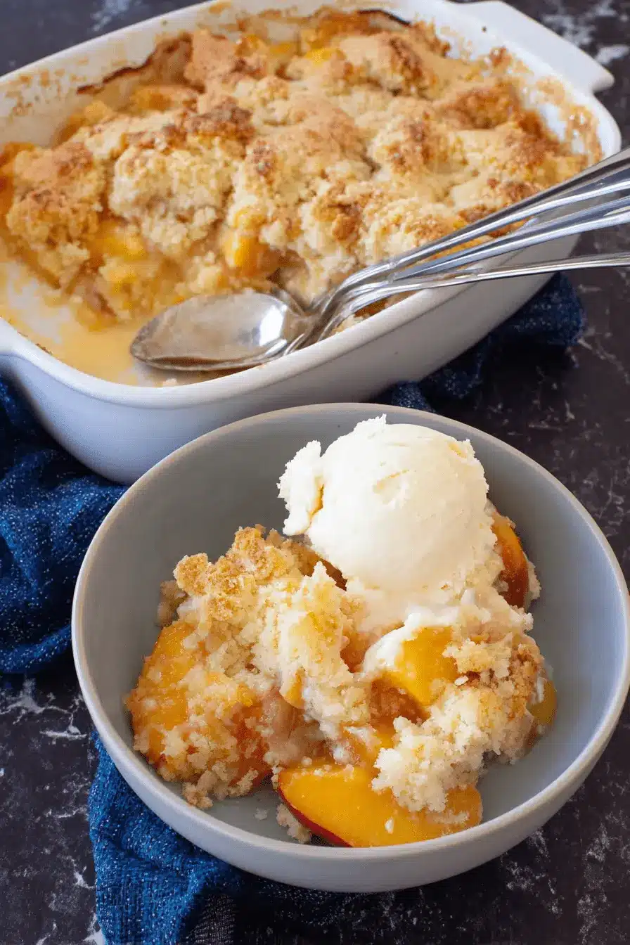 Amazing Peach Cobbler Dump Cake for Busy Nights 2 Mouthwatering peach cobbler dump cake served in a baking dish and a bowl with melting vanilla ice cream.