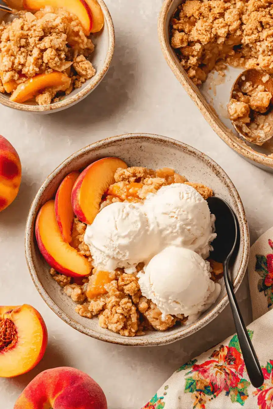 Magic Peach Cobbler with Fresh Peaches 2 Delectable peach cobbler with fresh peaches, served in rustic bowls with melting ice cream.