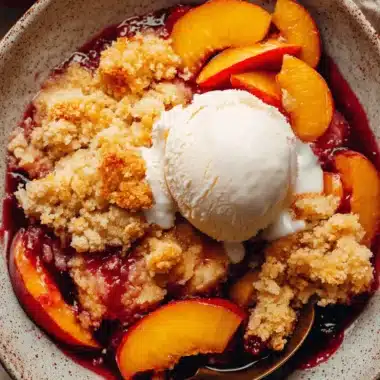Simple Fresh Peach Cobbler: A Delightful Treat 4 Close-up overhead of a rustic bowl of fresh peach cobbler topped with vanilla ice cream and a golden spoon.