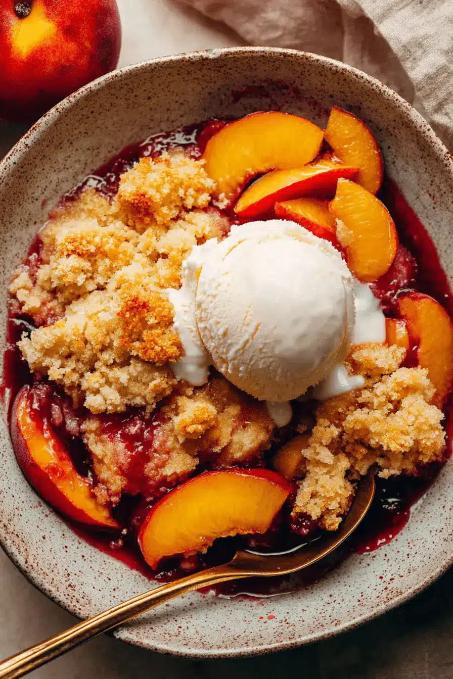 Simple Fresh Peach Cobbler: A Delightful Treat 2 Close-up overhead of a rustic bowl of fresh peach cobbler topped with vanilla ice cream and a golden spoon.