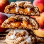Amazing Peach Cobbler Cookies: Easy Recipe 5 Stack of golden-brown peach cobbler cookies with sweet peachy filling and a white icing drizzle on a rustic wooden surface.