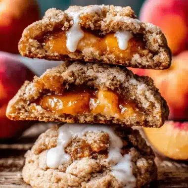 Amazing Peach Cobbler Cookies: Easy Recipe 4 Stack of golden-brown peach cobbler cookies with sweet peachy filling and a white icing drizzle on a rustic wooden surface.