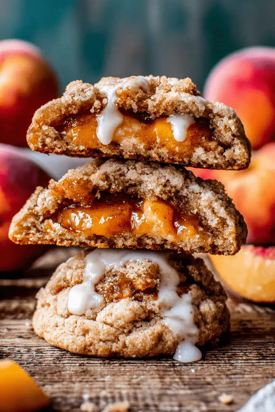 Amazing Peach Cobbler Cookies: Easy Recipe 2 Stack of golden-brown peach cobbler cookies with sweet peachy filling and a white icing drizzle on a rustic wooden surface.