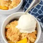 Amazing Canned Peach Cobbler Recipe 5 Two inviting bowls of warm canned peach cobbler recipe, each generously topped with melting vanilla ice cream and a golden-brown crumble.