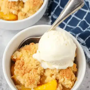 Amazing Canned Peach Cobbler Recipe 4 Two inviting bowls of warm canned peach cobbler recipe, each generously topped with melting vanilla ice cream and a golden-brown crumble.