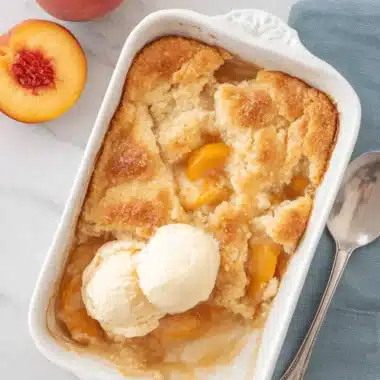 The Ultimate Bisquick Peach Cobbler Recipe 3 Overhead view of a warm, golden-brown bisquick peach cobbler with melting vanilla ice cream and fresh peaches on a marble surface.