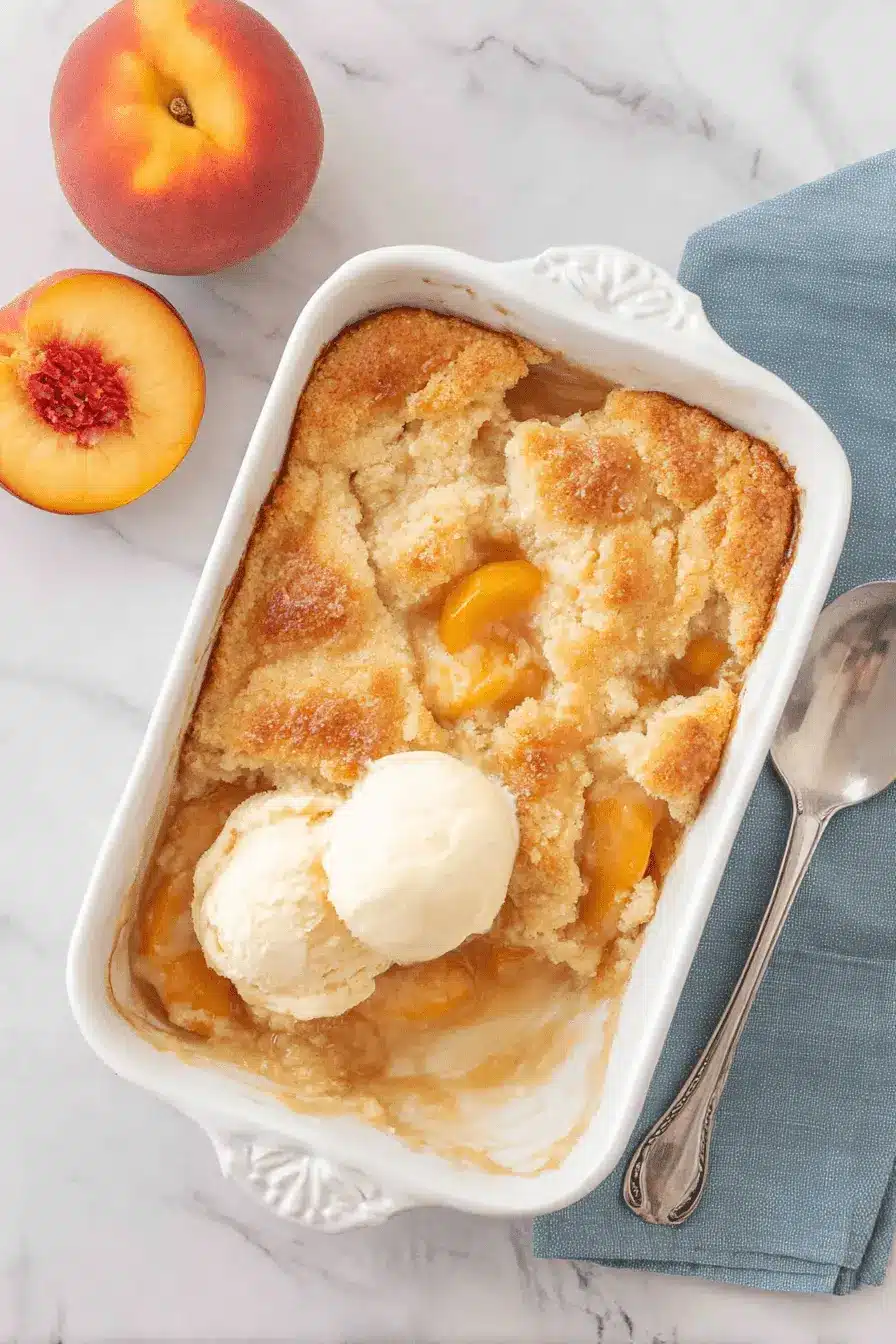 The Ultimate Bisquick Peach Cobbler Recipe 2 Overhead view of a warm, golden-brown bisquick peach cobbler with melting vanilla ice cream and fresh peaches on a marble surface.