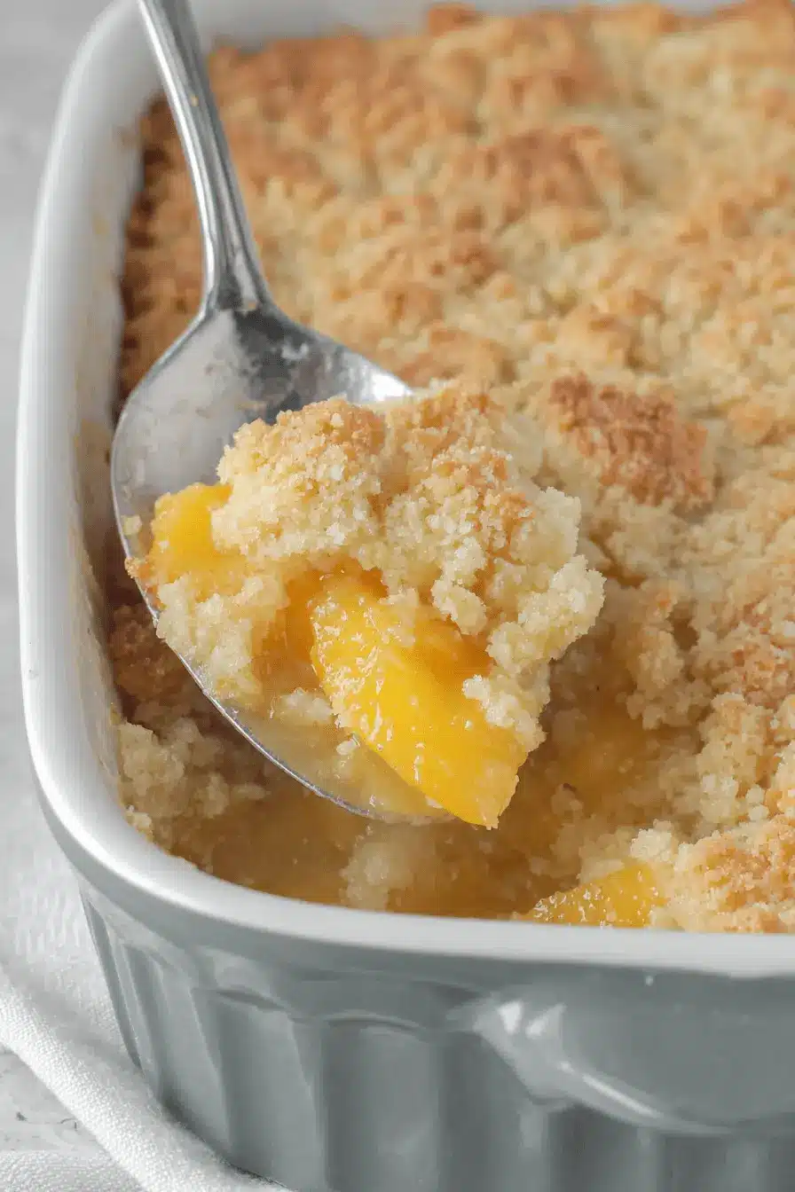 Amazing Foolproof Cake Mix Peach Cobbler 2 A silver spoon scoops a generous portion of golden-brown cake mix peach cobbler from a grey baking dish, revealing the juicy peaches underneath.