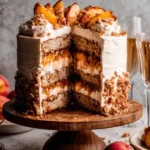 The Ultimate Peach Cobbler Cake 5 Multi-layered peach cobbler cake on a wooden stand, topped with fresh peaches and crumble.
