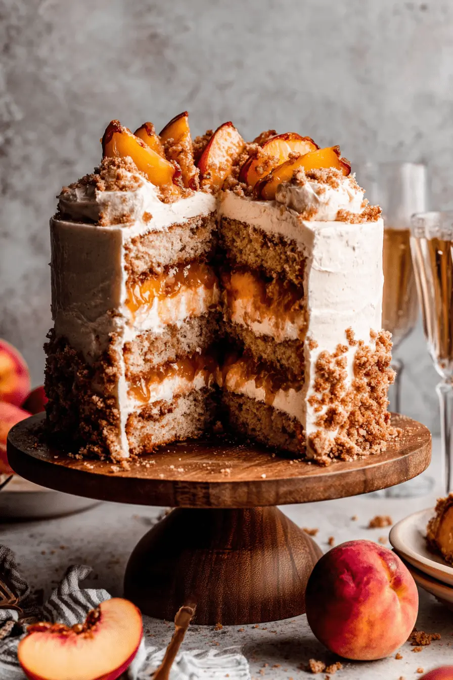 The Ultimate Peach Cobbler Cake 2 Multi-layered peach cobbler cake on a wooden stand, topped with fresh peaches and crumble.