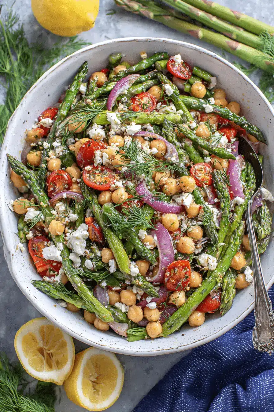 Vibrant Roasted Asparagus Salad: Easy & Fresh 2 Vibrant roasted asparagus salad in a rustic ceramic bowl, featuring chickpeas, cherry tomatoes, feta, and fresh dill, with lemons and raw asparagus spears.