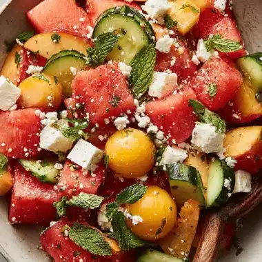 Ultimate Watermelon Peach Salad for Summer Joy 3 Vibrant watermelon peach salad with refreshing cucumber, feta, and mint in a rustic ceramic bowl.