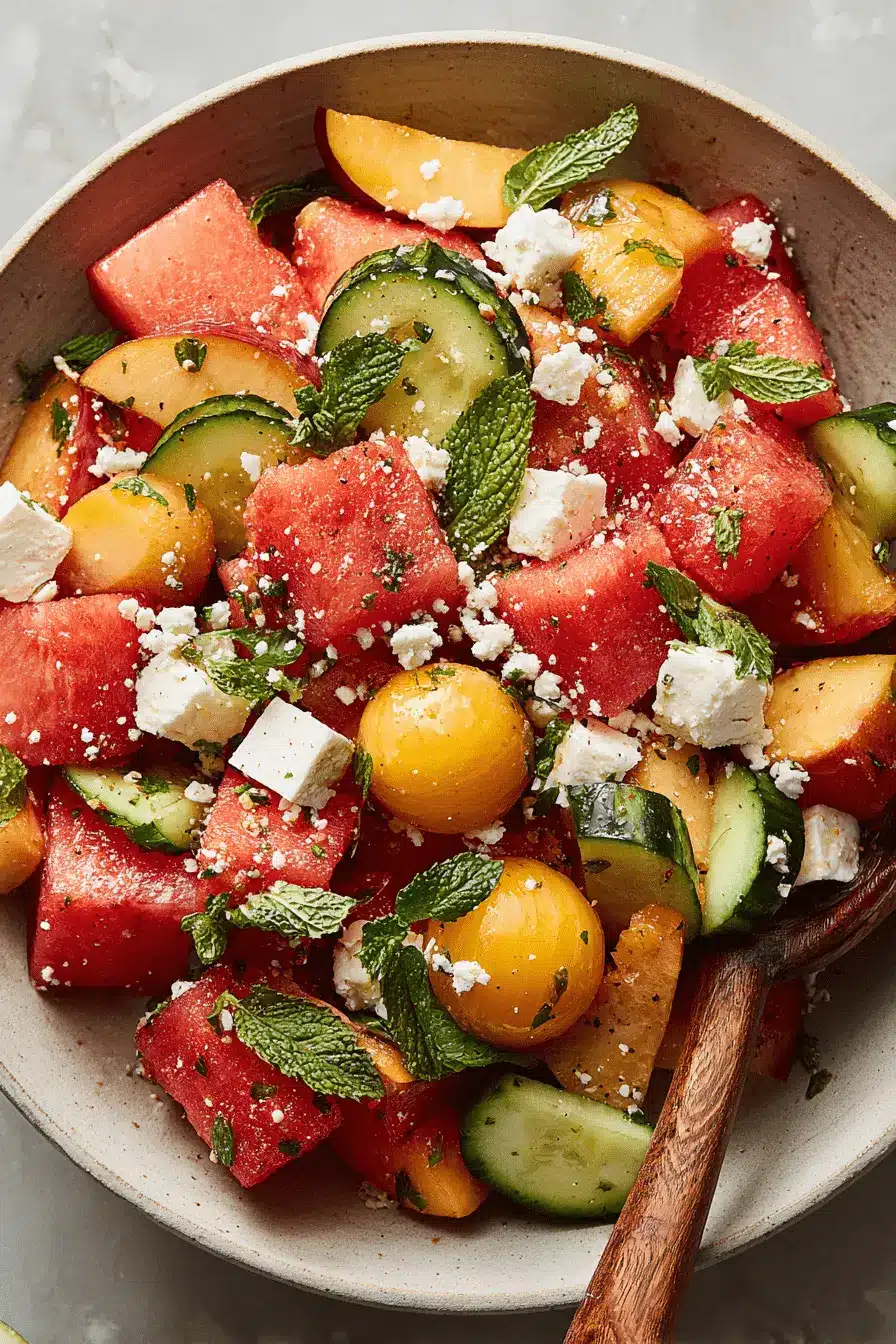 Ultimate Watermelon Peach Salad for Summer Joy 2 Vibrant watermelon peach salad with refreshing cucumber, feta, and mint in a rustic ceramic bowl.