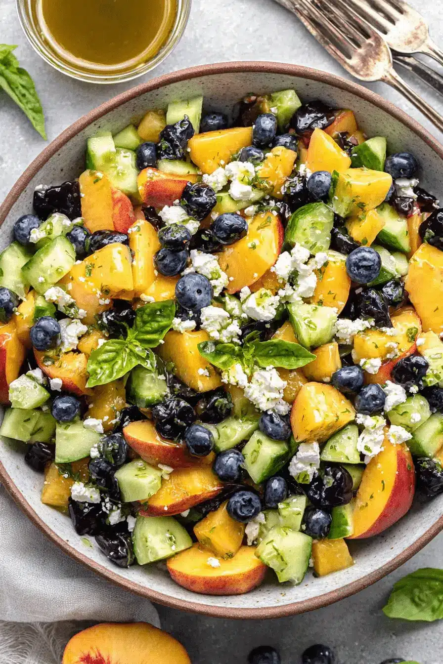Vibrant Blueberry Peach Feta Salad Recipe 2 Close-up overhead shot of a vibrant blueberry peach feta salad in a rustic gray bowl with fresh herbs and a light vinaigrette.