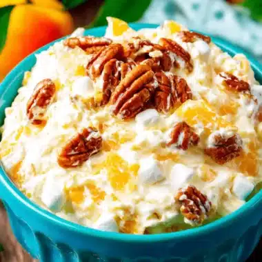 The Ultimate Millionaire Peach Salad Recipe 3 Close-up overhead view of a creamy Millionaire Peach Salad in a teal bowl, garnished with peaches, marshmallows, and pecans on a wooden surface.