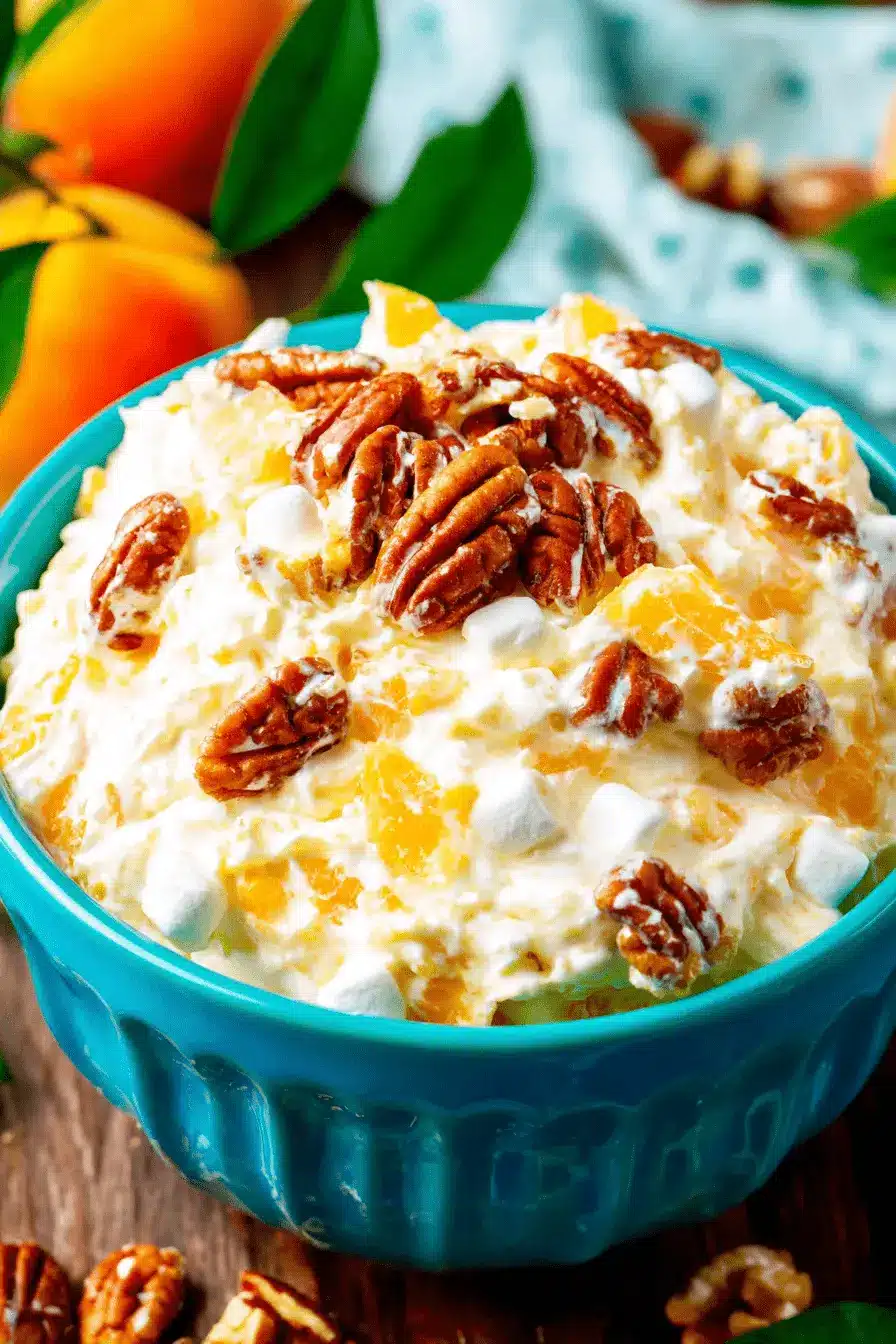 The Ultimate Millionaire Peach Salad Recipe 2 Close-up overhead view of a creamy Millionaire Peach Salad in a teal bowl, garnished with peaches, marshmallows, and pecans on a wooden surface.