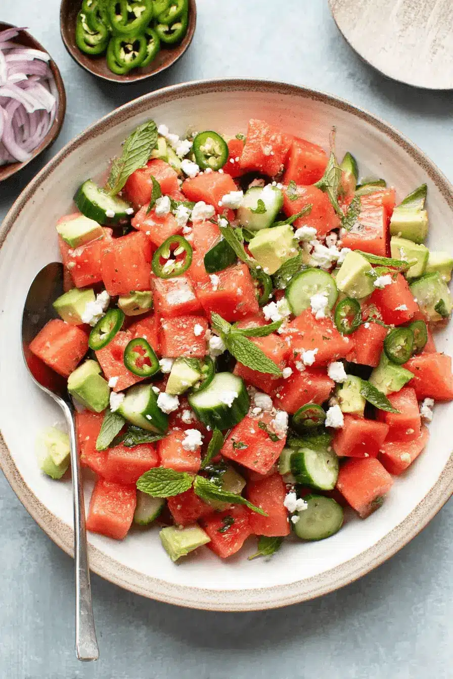 The Ultimate Watermelon Feta Salad Recipe 2 Vibrant watermelon feta salad with mint, avocado, cucumber, and jalapeƱo in a ceramic bowl.