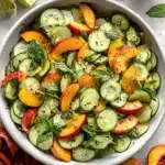 Vibrant Peach Cucumber Salad: A Summer Delight 9 A vibrant close-up of a refreshing peach cucumber salad with mint, limes, and whole peaches on a textured gray surface.