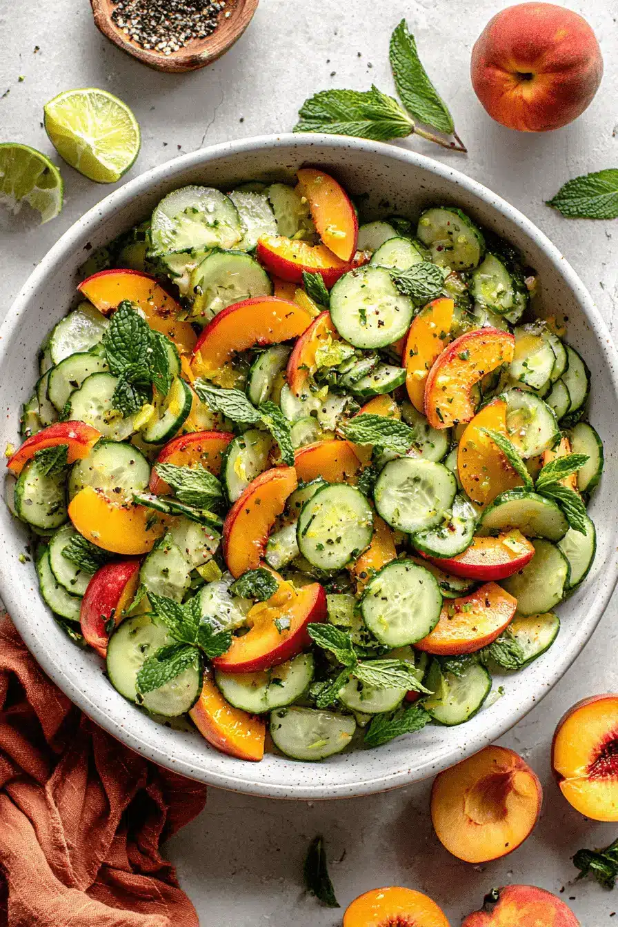 Vibrant Peach Cucumber Salad: A Summer Delight 8 A vibrant close-up of a refreshing peach cucumber salad with mint, limes, and whole peaches on a textured gray surface.
