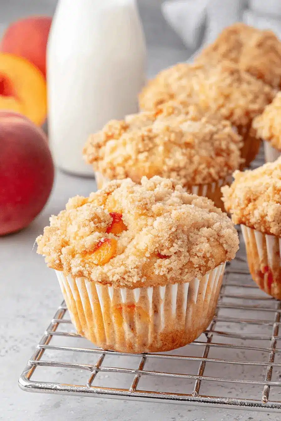 Foolproof Peach Cobbler Muffins: Easy Bakery-Style 2 Close-up of golden-brown peach cobbler muffins with crumble topping on a cooling rack, with fresh peaches and milk in the background.