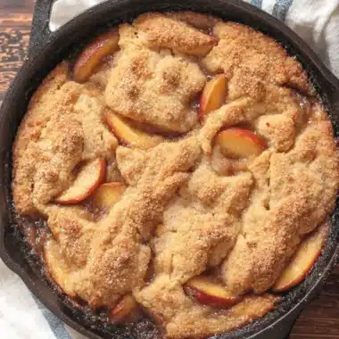 Wonderful Sourdough Peach Cobbler Recipe 4 Golden-brown sourdough peach cobbler baked in a Lodge cast iron skillet, with bubbling peach juices and a coarse sugar topping.