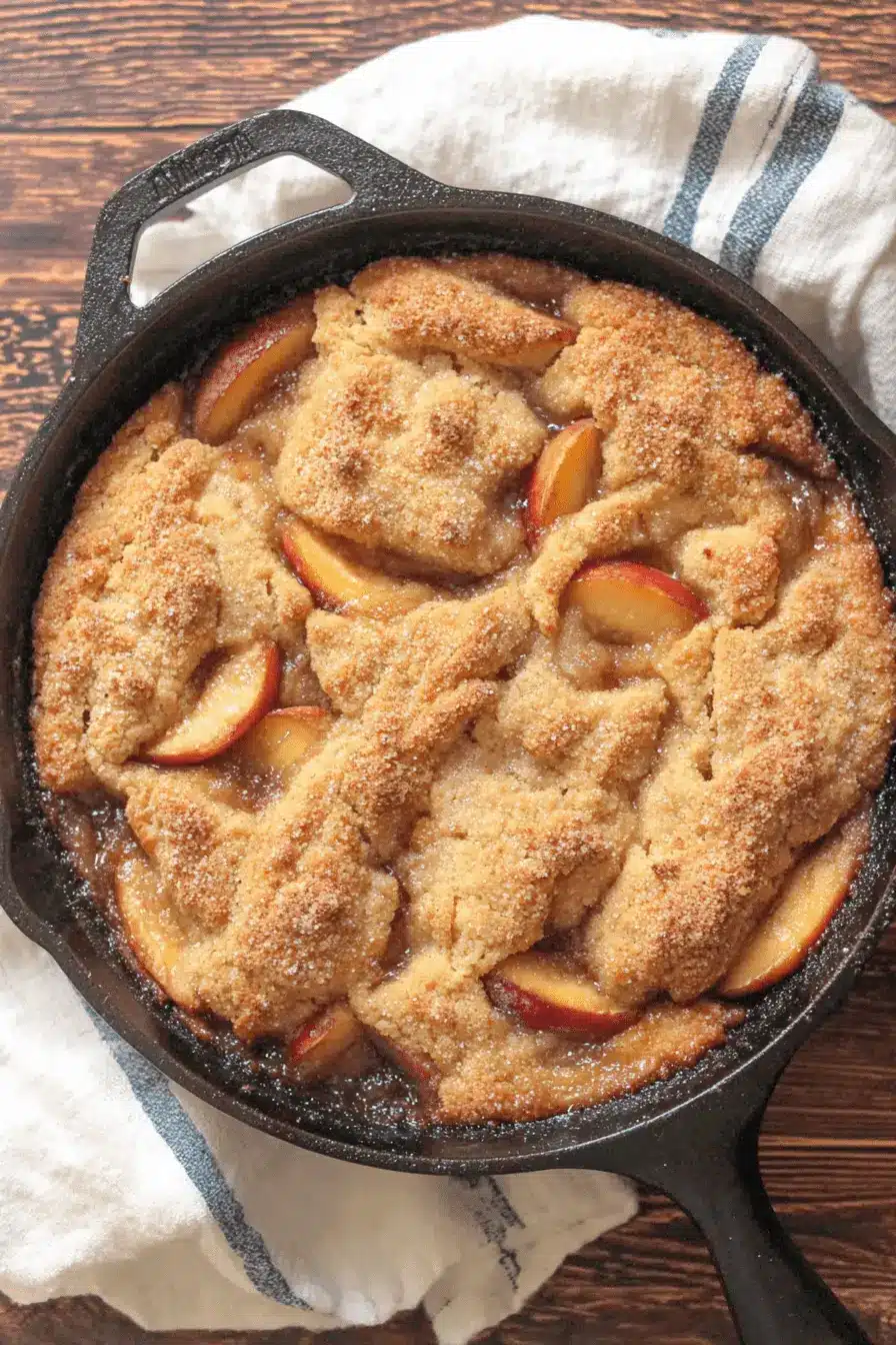 Wonderful Sourdough Peach Cobbler Recipe 2 Golden-brown sourdough peach cobbler baked in a Lodge cast iron skillet, with bubbling peach juices and a coarse sugar topping.