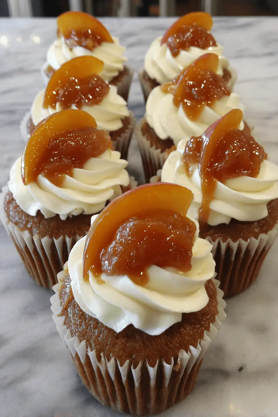 Amazing Peach Cobbler Cupcakes Recipe 2 Close-up of delicious peach cobbler cupcakes with creamy frosting and fresh peach slices on a marble surface.