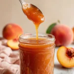 Amazing Foolproof Peach Jam Recipe 5 Close-up of homemade peach jam in a diamond-patterned jar, with a spoon dripping more jam, hinting at a delicious peach jam recipe.