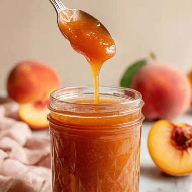 Amazing Foolproof Peach Jam Recipe 4 Close-up of homemade peach jam in a diamond-patterned jar, with a spoon dripping more jam, hinting at a delicious peach jam recipe.