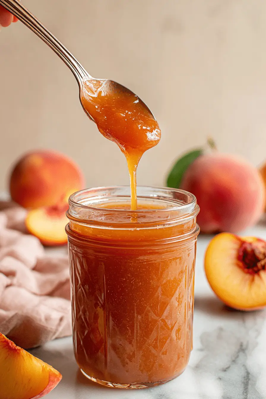 Amazing Foolproof Peach Jam Recipe 2 Close-up of homemade peach jam in a diamond-patterned jar, with a spoon dripping more jam, hinting at a delicious peach jam recipe.