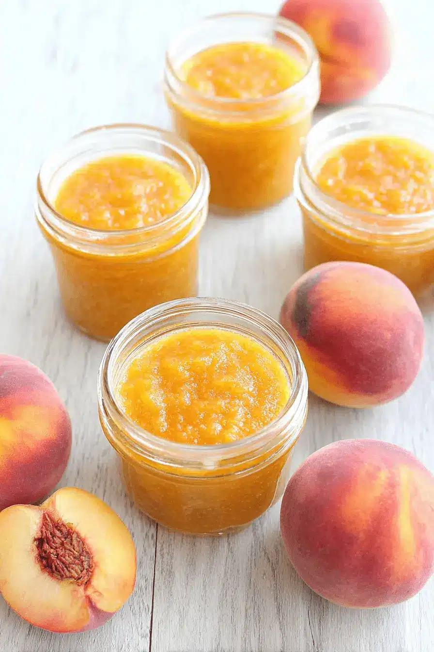 Wonderful Easy Peach Butter Recipe 2 Homemade peach butter in jars with fresh peaches on a wooden surface, highlighting a delicious peach butter recipe.