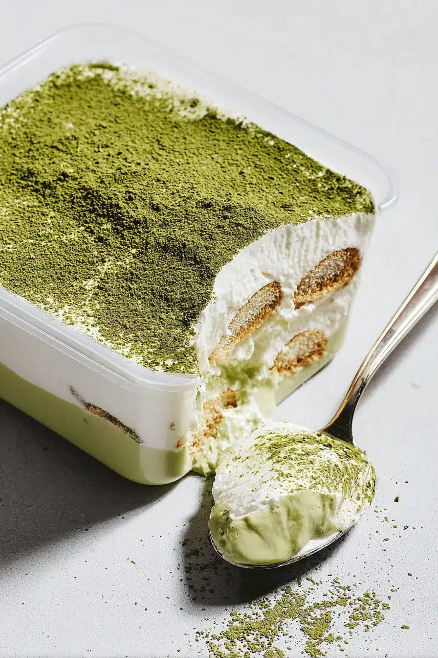 Spectacular Matcha Tiramisu: Easy No-Bake Recipe 2 Close-up of a layered matcha tiramisu with a rose gold spoon scooping out a portion, highlighting its vibrant green matcha powder and creamy texture.