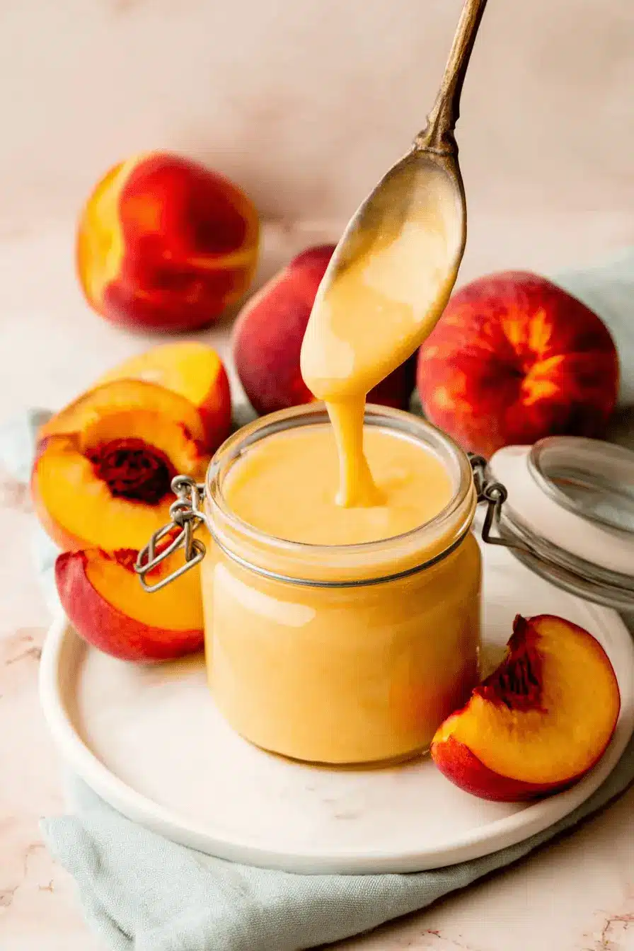 Simple & Luxurious Homemade Peach Curd 2 Close-up of creamy peach curd in a glass jar with fresh peaches and an antique spoon.