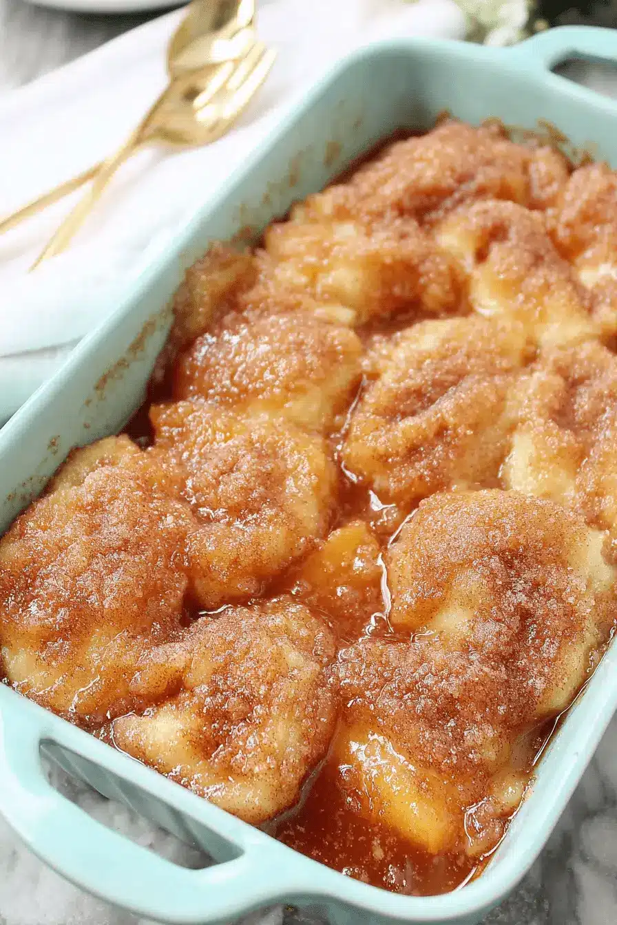 Magic Peach Dumplings: Quick & Easy Dessert 2 Close-up of golden baked peach dumplings in a turquoise baking dish, dusted with cinnamon-sugar.