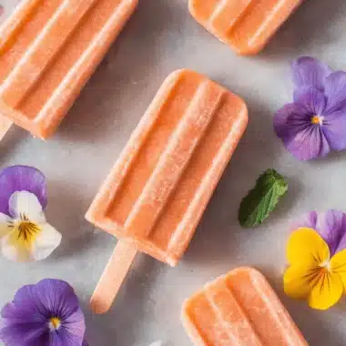 Easy Peach Yogurt Popsicles 3 Top-down view of refreshing Peach Yogurt Popsicles with a ribbed texture on wooden sticks, garnished with violas and mint on a marble surface.