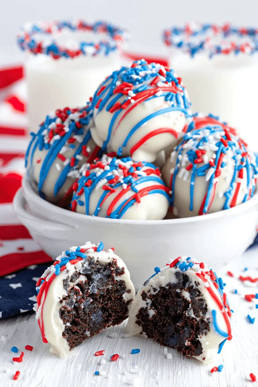 Amazing Foolproof Patriotic Oreo Balls 2 Delightful Patriotic Oreo Balls, spherical and coated in white chocolate with red, white, and blue drizzles and sprinkles, revealing a dark chocolate interior, served with milk.