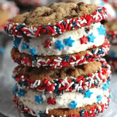 Spectacular Patriotic Ice Cream Sandwiches 3 Stacked homemade patriotic ice cream sandwiches with red, white, and blue sprinkles on a wooden surface.