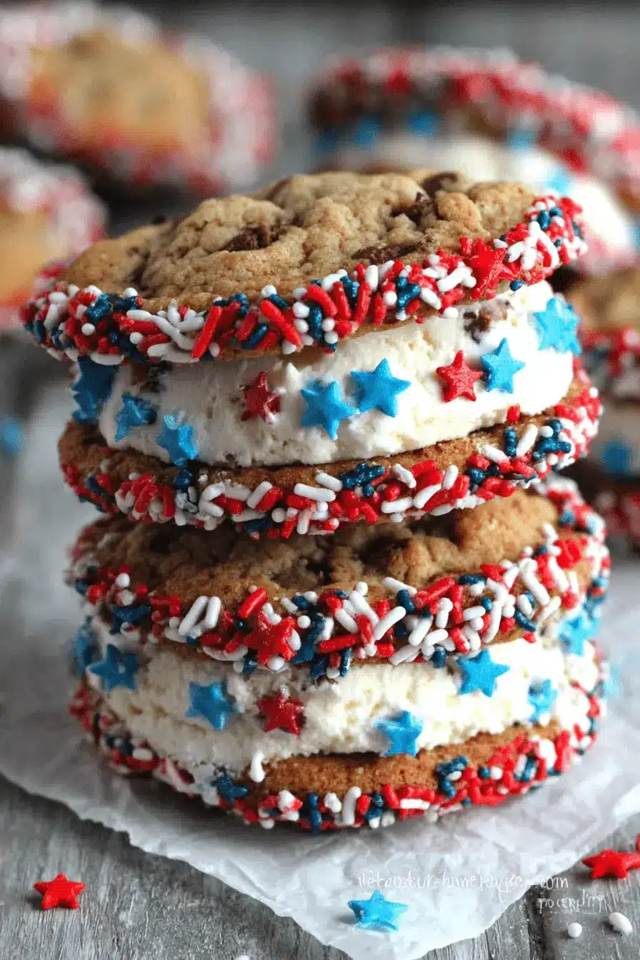 Spectacular Patriotic Ice Cream Sandwiches 2 Stacked homemade patriotic ice cream sandwiches with red, white, and blue sprinkles on a wooden surface.