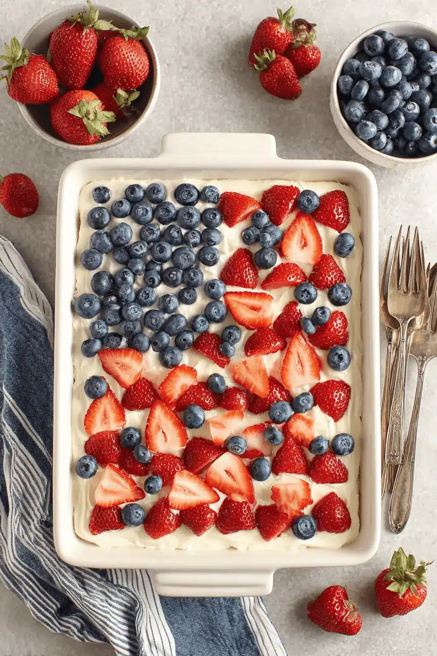 Vibrant & Easy 4th of July Cake Recipe 2 A festive 4th of July cake decorated with strawberries and blueberries in an American flag pattern.