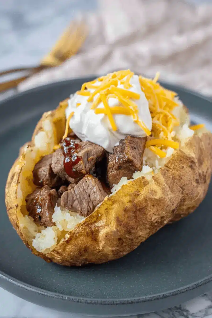 The Ultimate Loaded Steak Baked Potato 2 Close-up of a perfectly baked, golden-brown loaded steak baked potato, generously topped with steak tips, sour cream, cheddar cheese, and barbecue sauce.