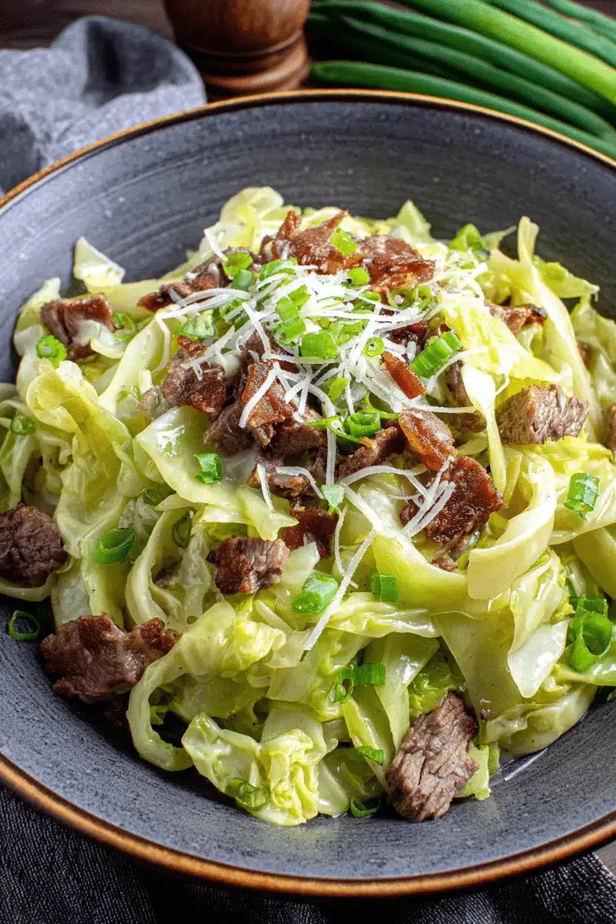 Easy Cabbage Dumplings: Quick Weeknight Meal 2 A warm, close-up view of savory braised cabbage with tender meat, garnished with bacon and green onions, offering a comforting meal often enjoyed with cabbage dumplings.
