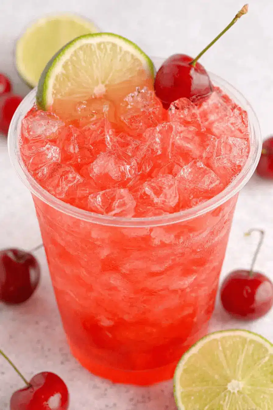 Vibrant Fresh Cherry Limeade Recipe 2 Close-up of a vibrant fresh cherry limeade, garnished with a lime slice and a ripe cherry, served in a clear plastic cup.
