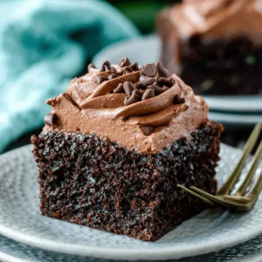 Amazing Chocolate Zucchini Cake Recipe 3 Decadent slice of moist chocolate zucchini cake with rich chocolate frosting and mini chocolate chips on a speckled plate.