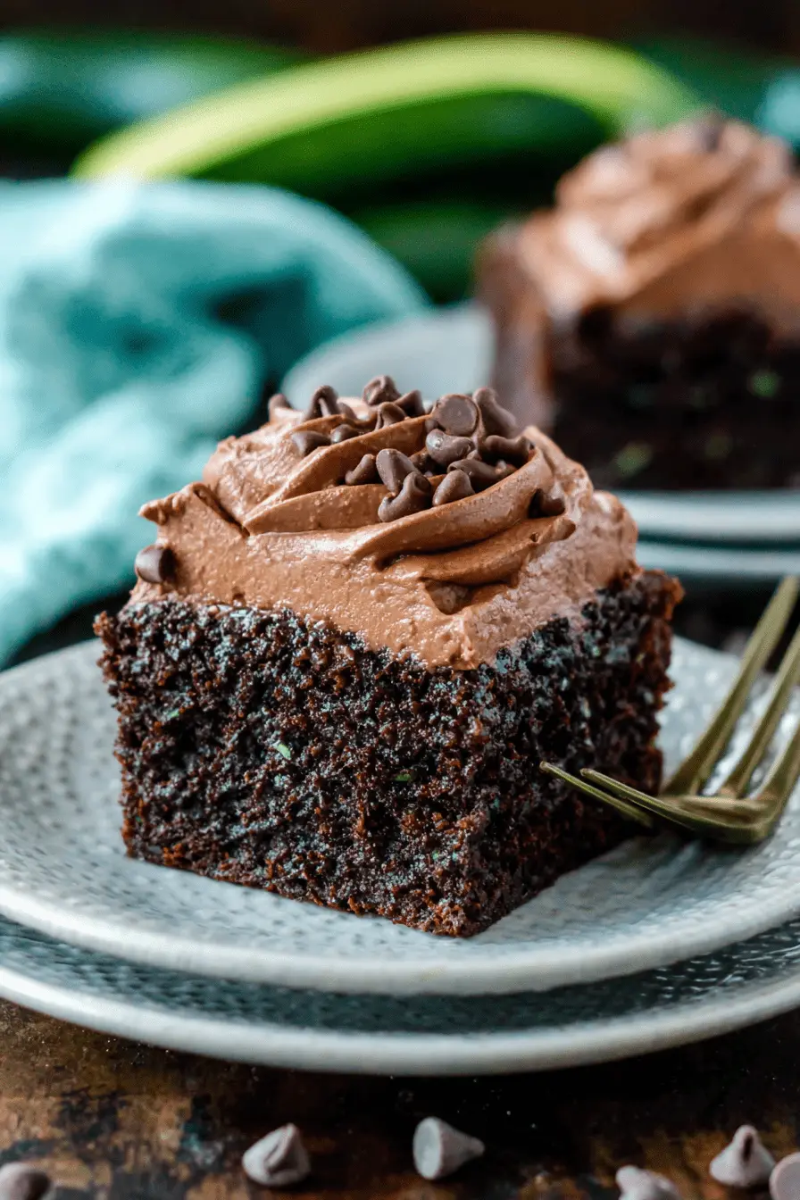 Amazing Chocolate Zucchini Cake Recipe 2 Decadent slice of moist chocolate zucchini cake with rich chocolate frosting and mini chocolate chips on a speckled plate.
