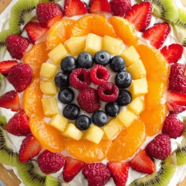 Stunning Fruit Pizza: Easy Summer Dessert 4 Overhead shot of a vibrant fruit pizza featuring a golden crust and a colorful array of fresh kiwi, strawberries, oranges, pineapple, blueberries, and raspberries.