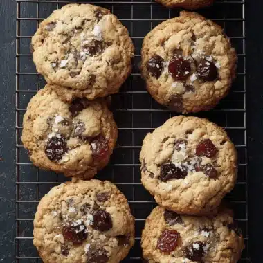 Foolproof Cherry Chocolate Chip Cookies 3 Freshly baked cherry chocolate chip cookies cooling on a black wire rack, ready to enjoy.