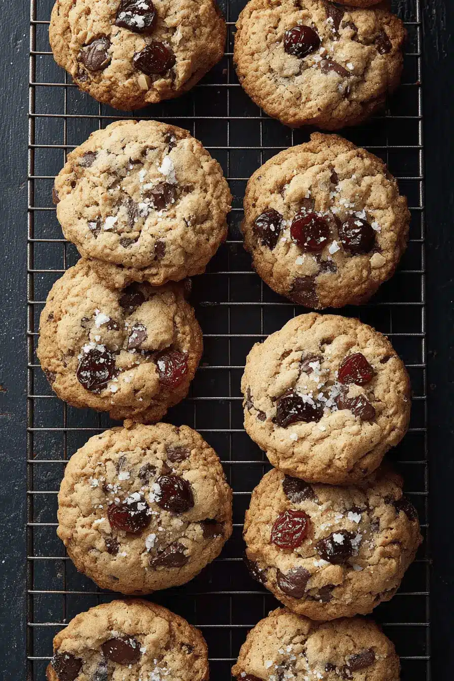 Foolproof Cherry Chocolate Chip Cookies 2 Freshly baked cherry chocolate chip cookies cooling on a black wire rack, ready to enjoy.