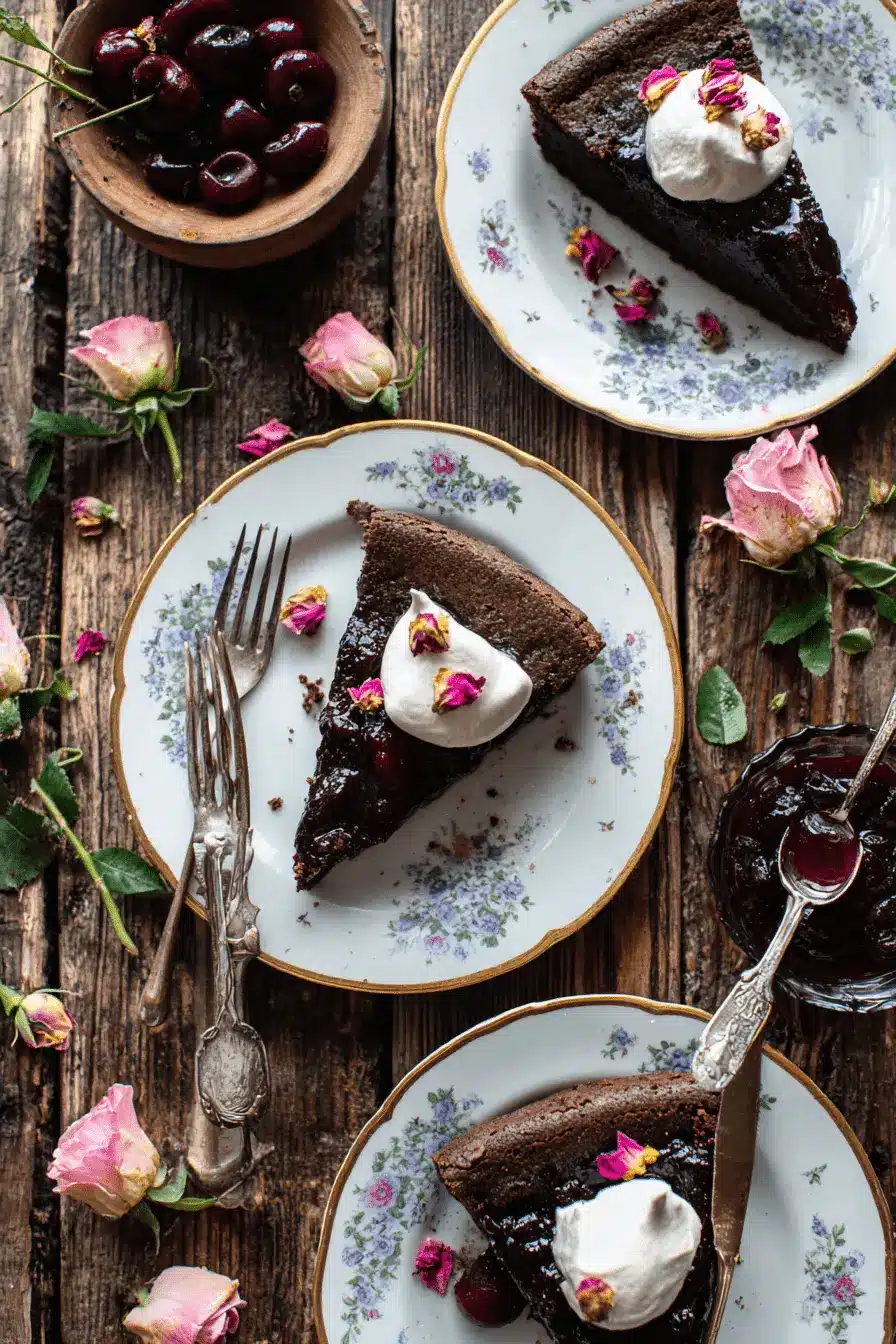Amazing Chocolate Cherry Desserts: Easy Bars Recipe 2 Decadent chocolate cherry desserts, featuring rich chocolate cake with whipped cream, fresh cherries, and rose petals on antique plates.